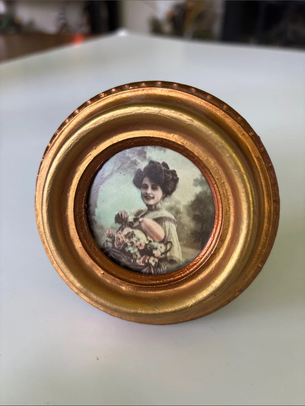 Vintage mid-century Gold Round Wall Accent Frame with Vintage Portrait Italy